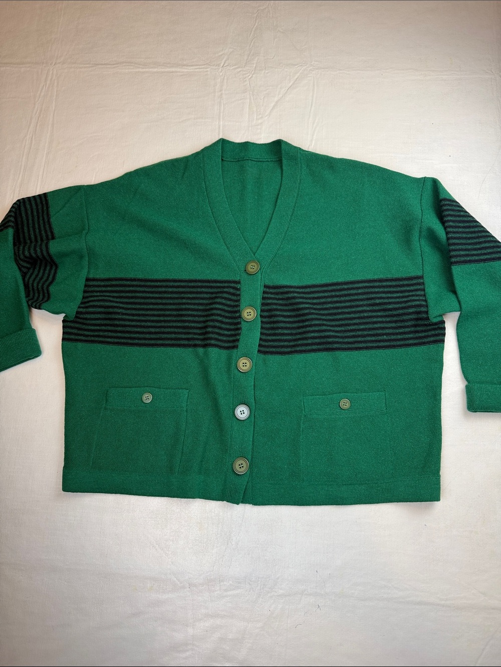 Green V-Neck Button-Front Cardigan Sweater Black Stripe Detail Size L